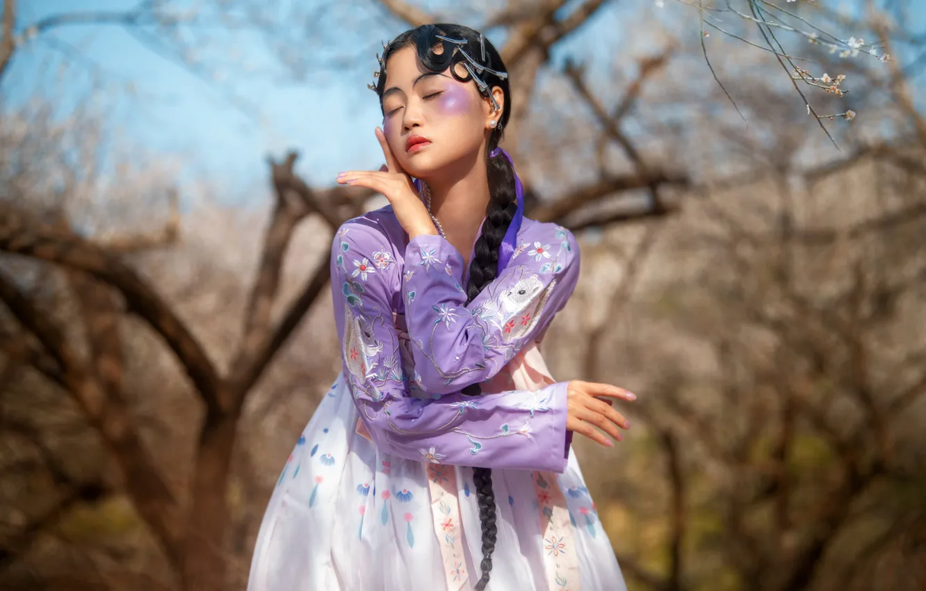 Photo wallpaper girl, light, trees, branches, nature, pose, style, spring