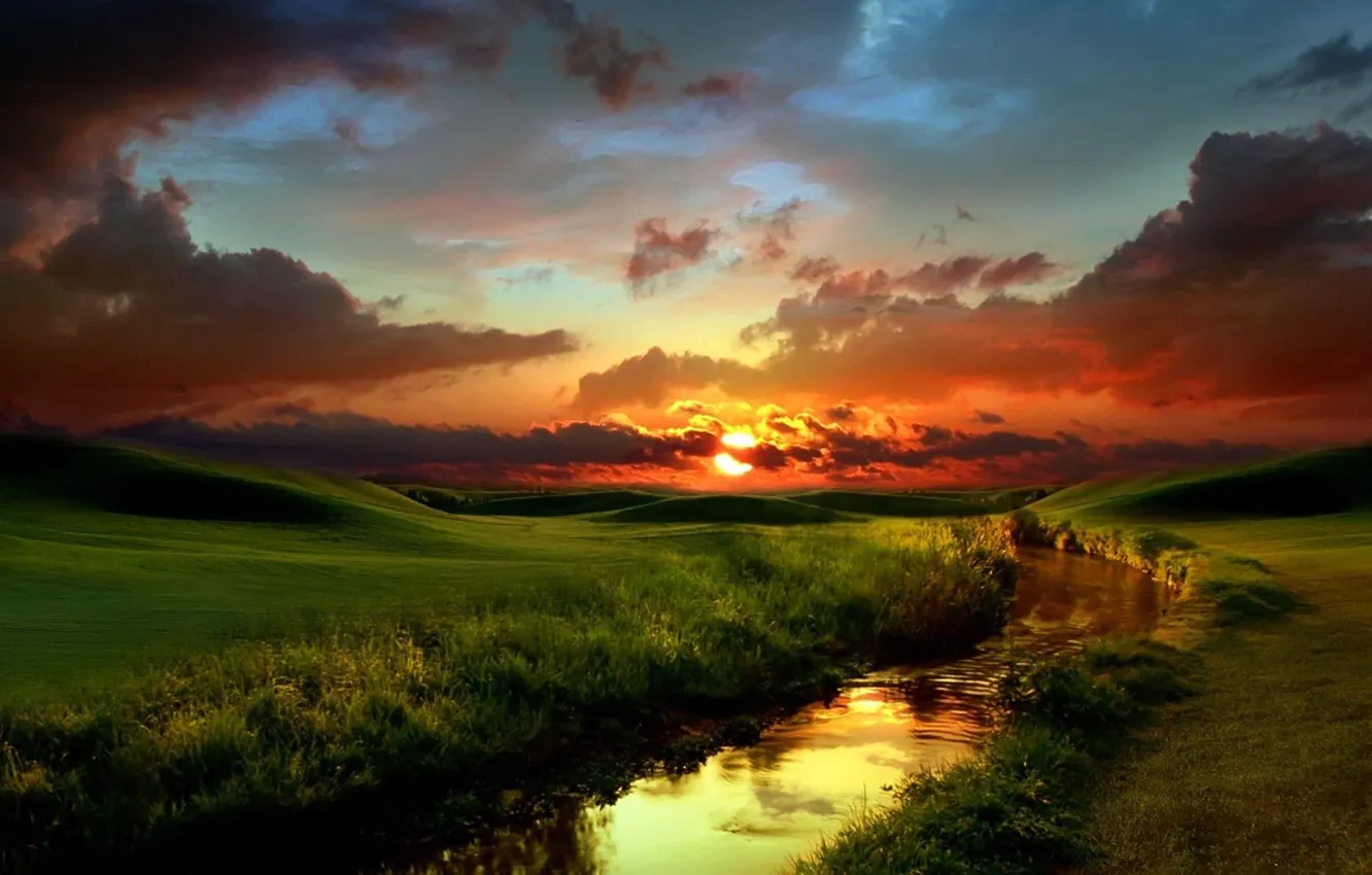 Photo wallpaper grass, the sun, clouds, landscape, river, Wallpaper
