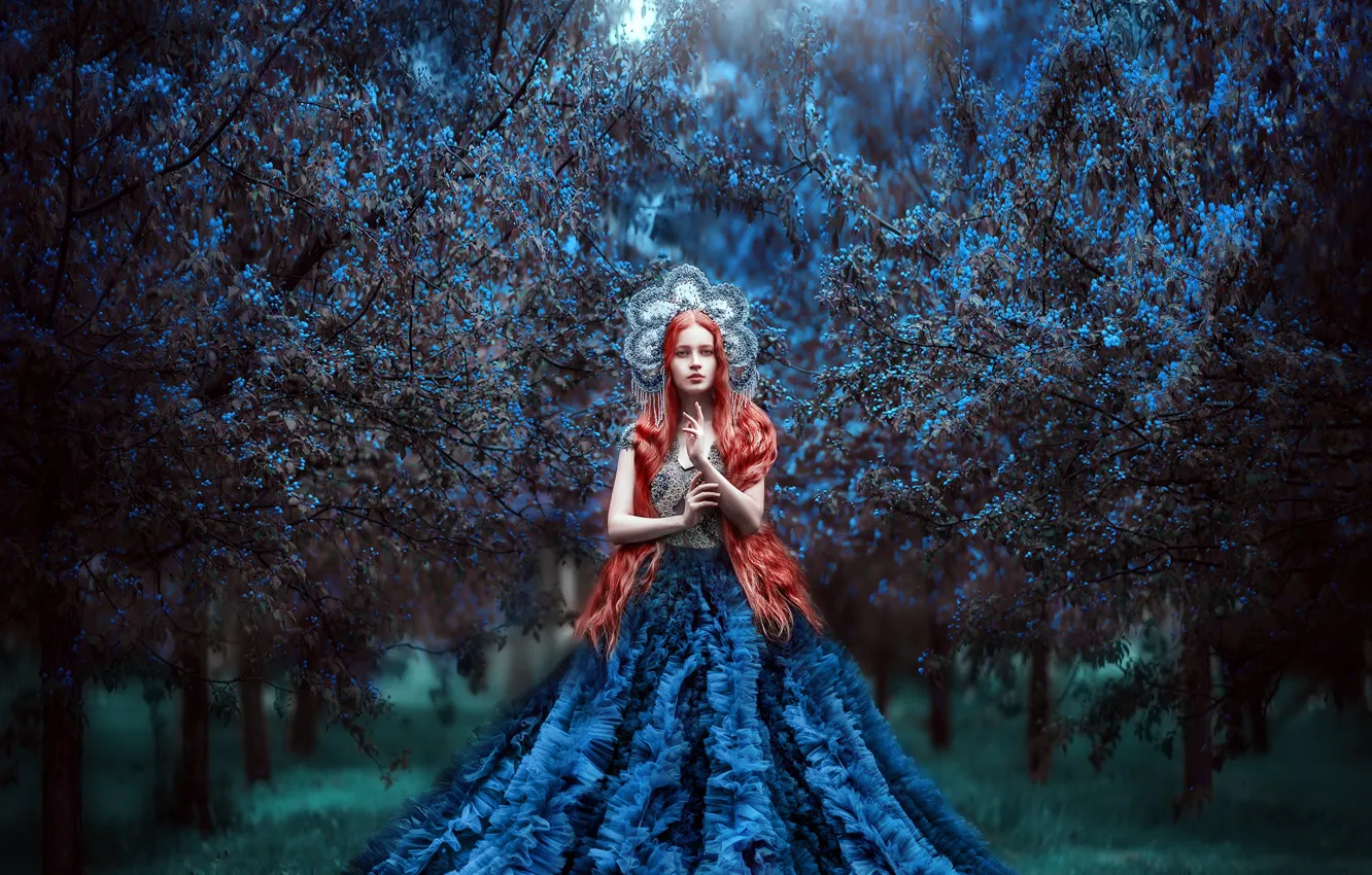 Photo wallpaper girl, flowers, dress, red, Maria Lipina