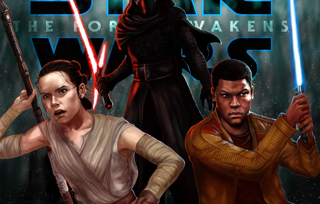 Photo wallpaper Swords, Finn, Kylo Ren, Rey, Star wars: the Force awakens