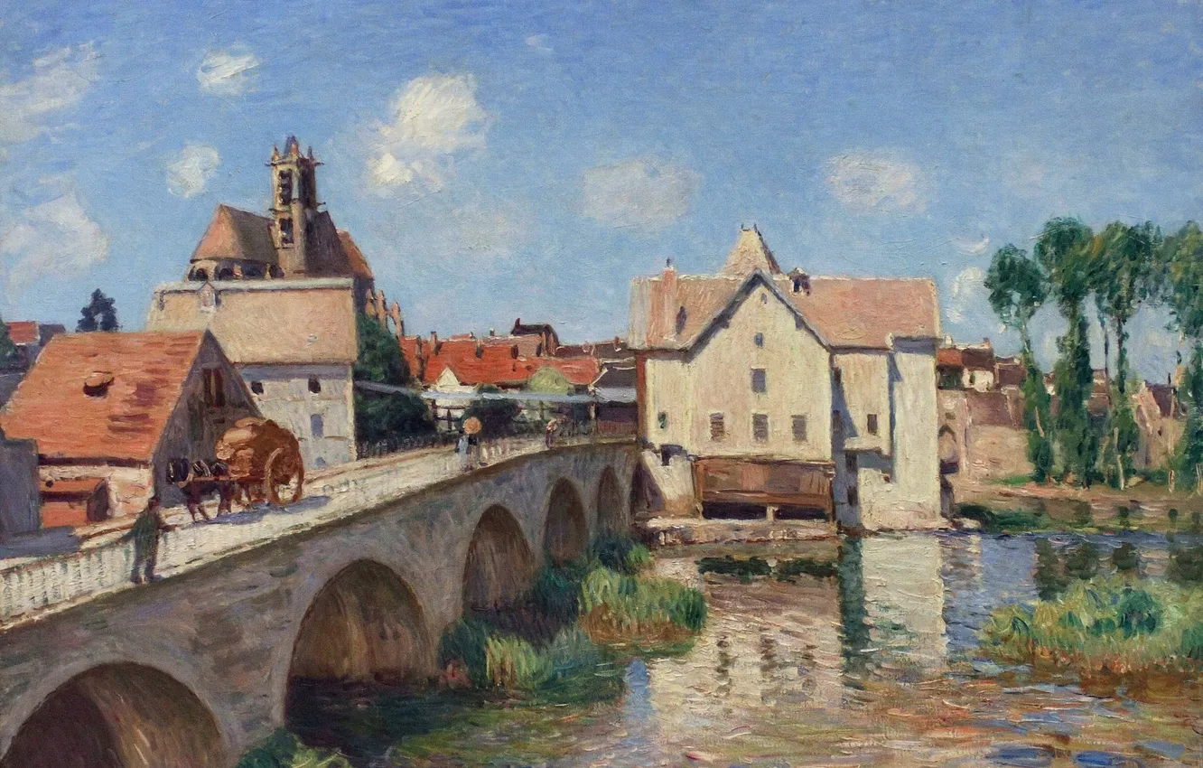 Photo wallpaper landscape, bridge, the city, river, picture, Alfred Sisley