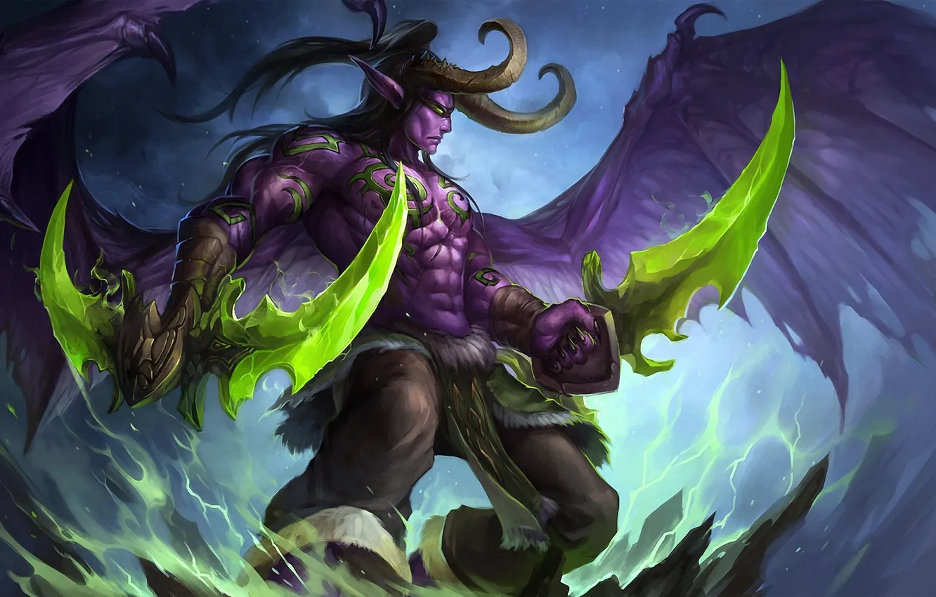 Photo wallpaper weapons, magic, art, horns, World of Warcraft, Illidan, Stormrage, wow