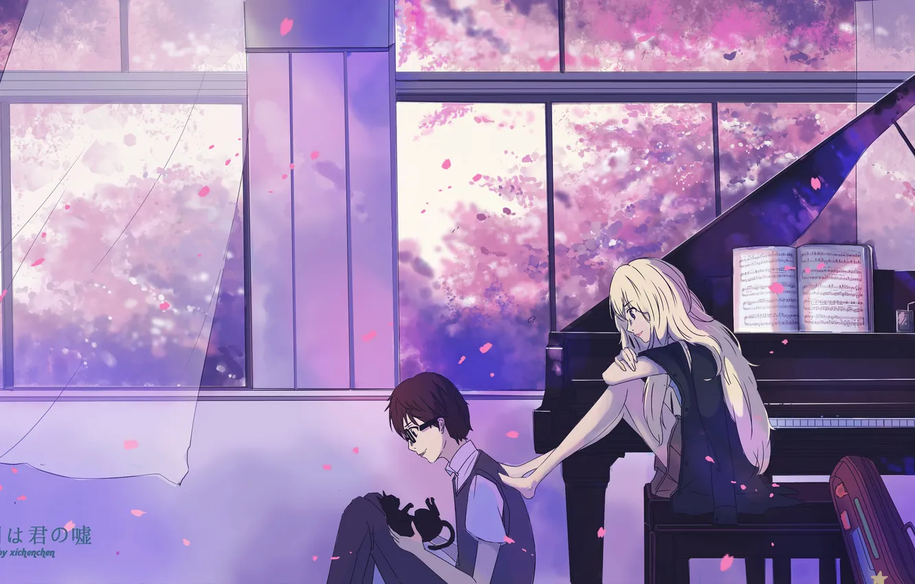 Photo wallpaper girl, trees, notes, anime, petals, Sakura, art, guy