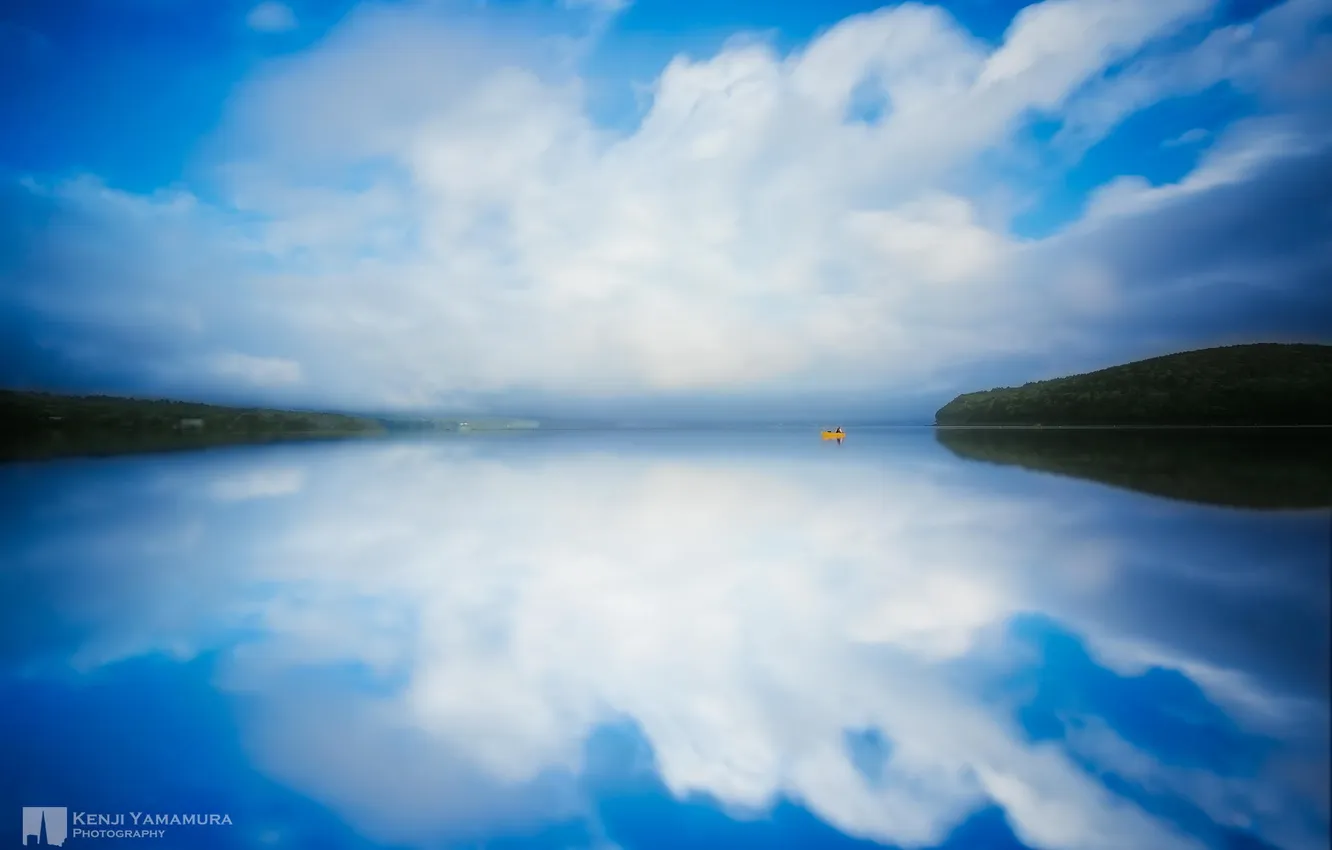 Photo wallpaper the sky, clouds, lake, reflection, boat, photographer, Kenji Yamamura