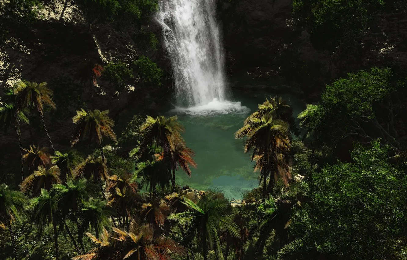 Photo wallpaper greens, water, palm trees, waterfall