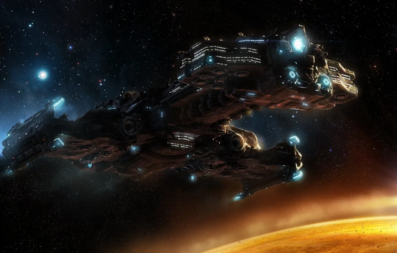 Photo wallpaper stars, planet, starcraft2, battlecruiser
