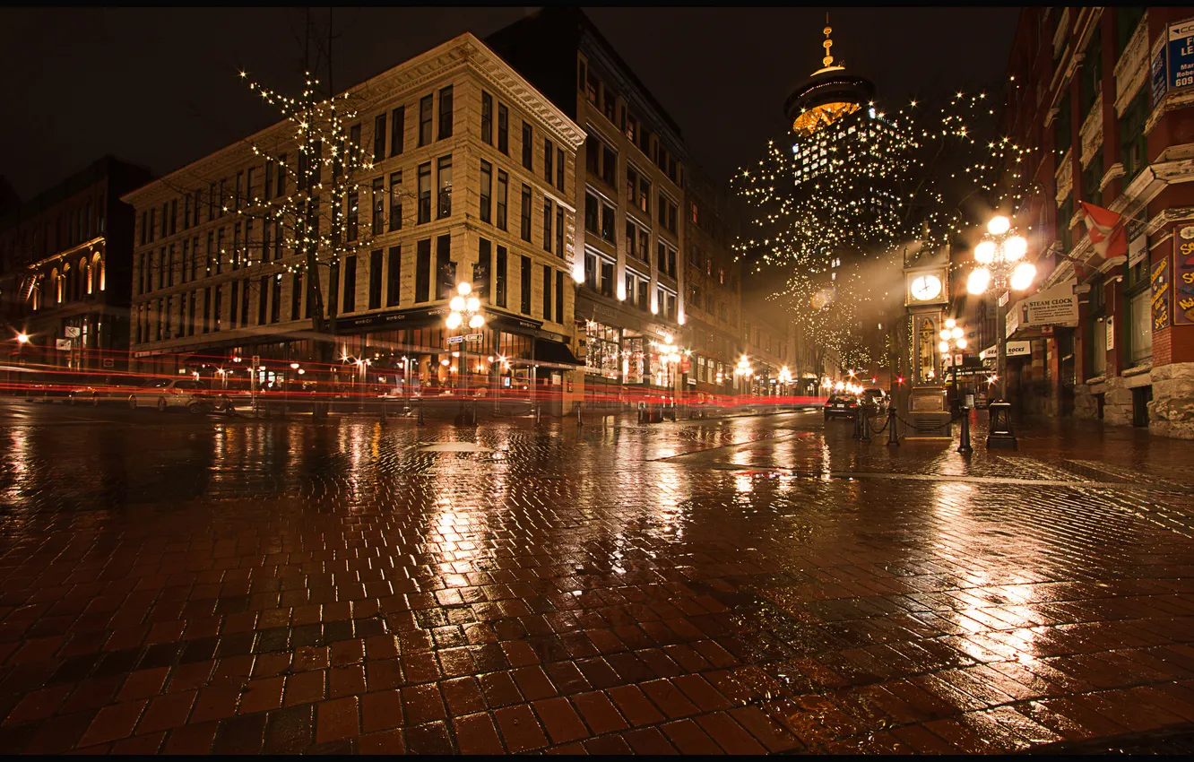 Photo wallpaper night, lights, after the rain, Vancouver
