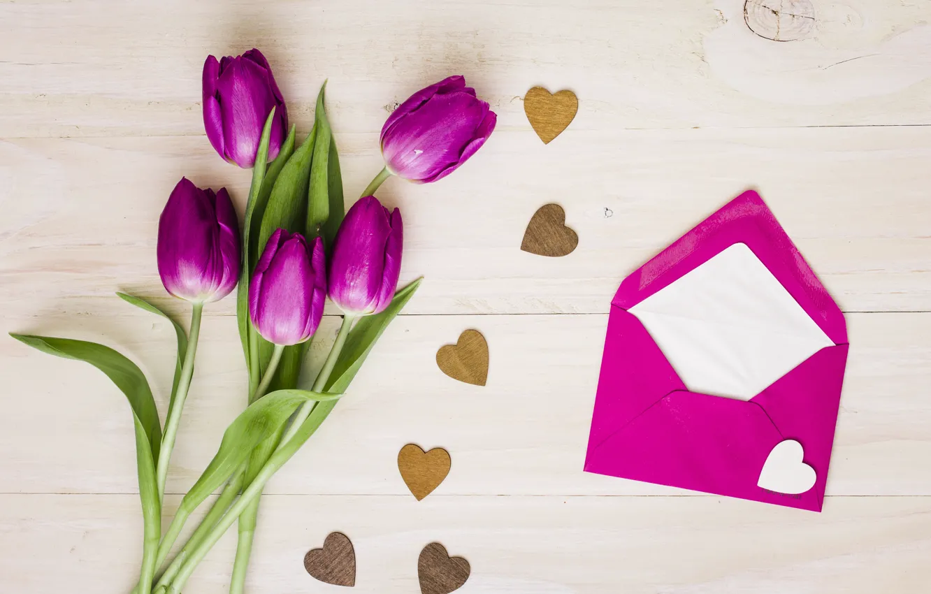 Photo wallpaper bouquet, hearts, tulips