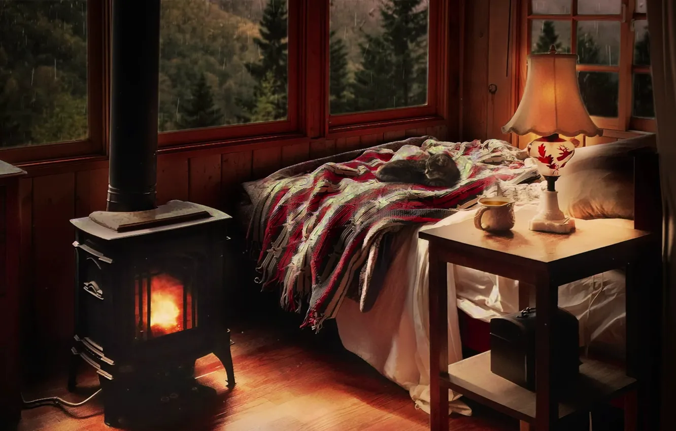 Photo wallpaper forest, cat, bed, cabin, heater, Candlelight, montain