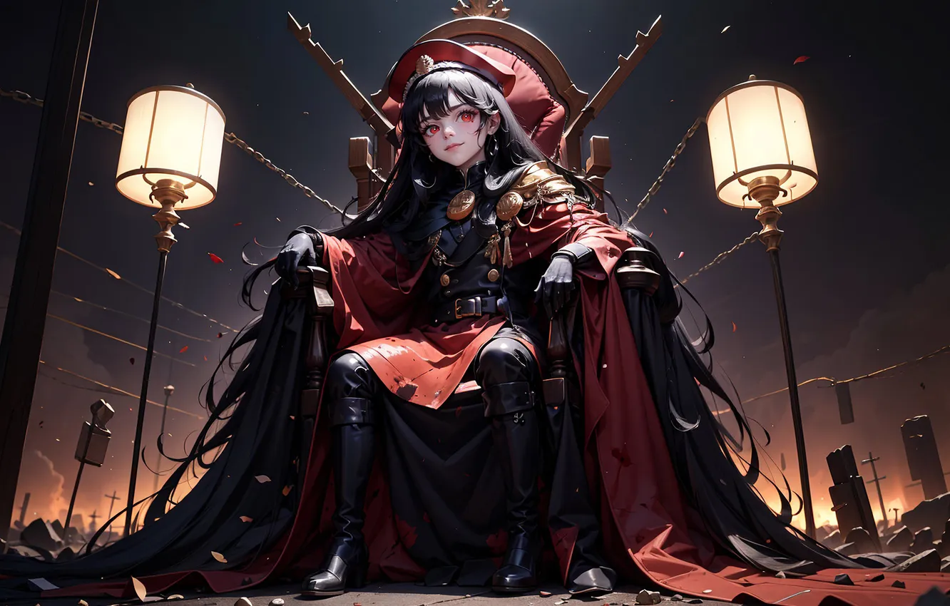 Photo wallpaper girl, night, anime, lamp, the throne