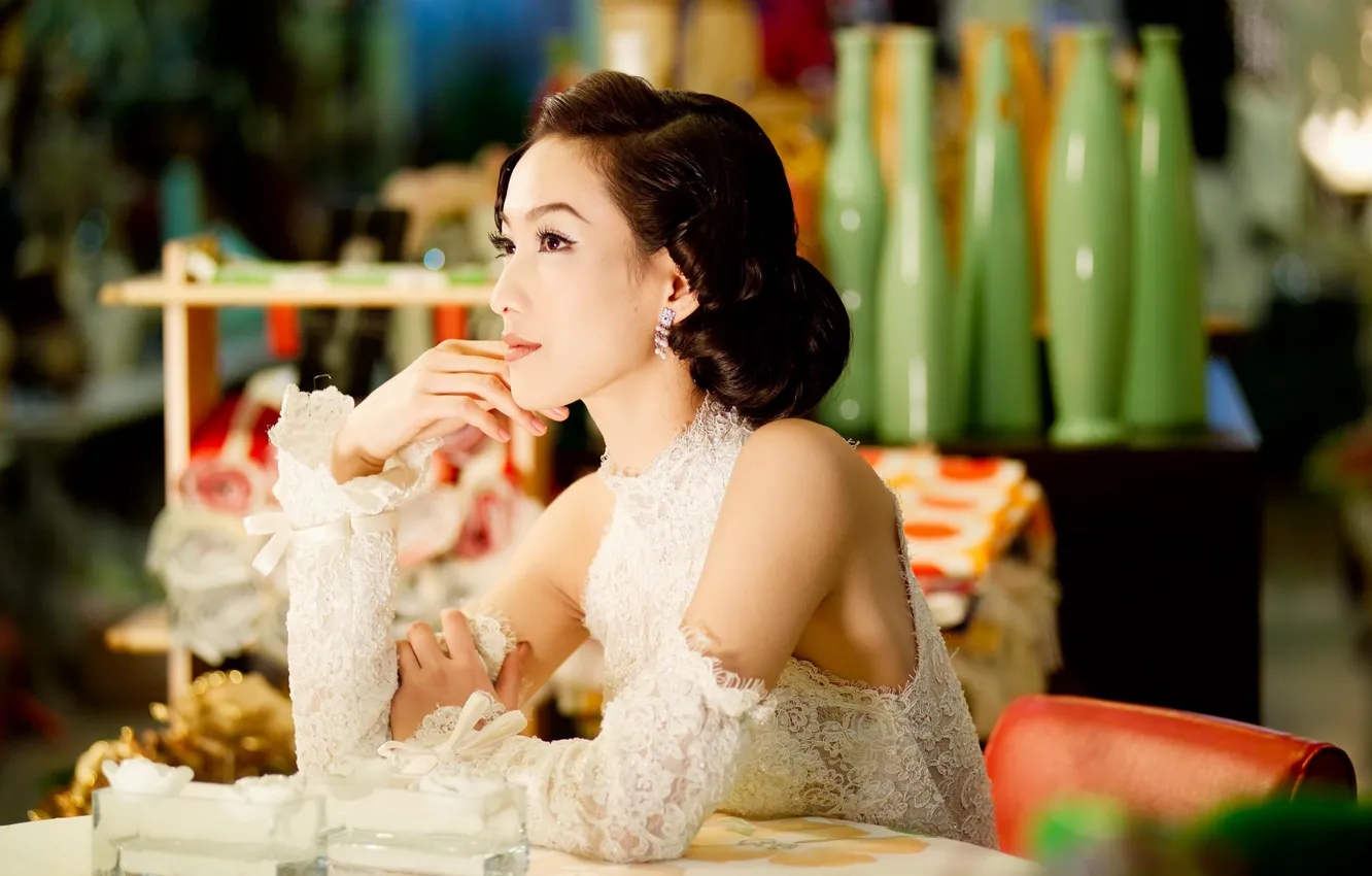 Photo wallpaper girl, table, earrings, dress, hairstyle, gloves, Asian, sitting