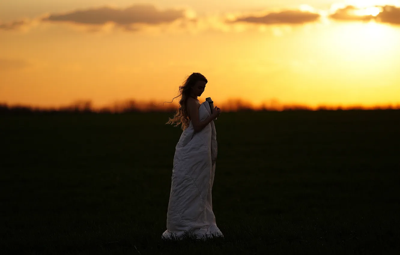 Photo wallpaper field, the sky, girl, the sun, sunset, silhouette, blanket