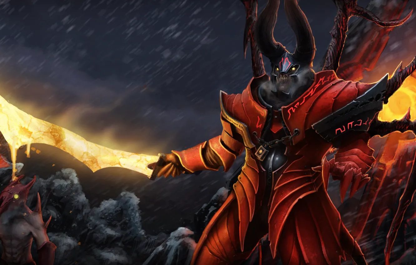 Photo wallpaper trees, weapons, wings, sword, the demon, art, horns, Dota 2