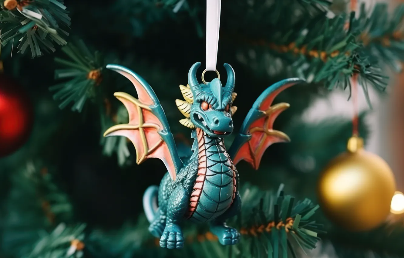 Photo wallpaper branches, dragon, toy, new year, herringbone, needles, dragon, figures