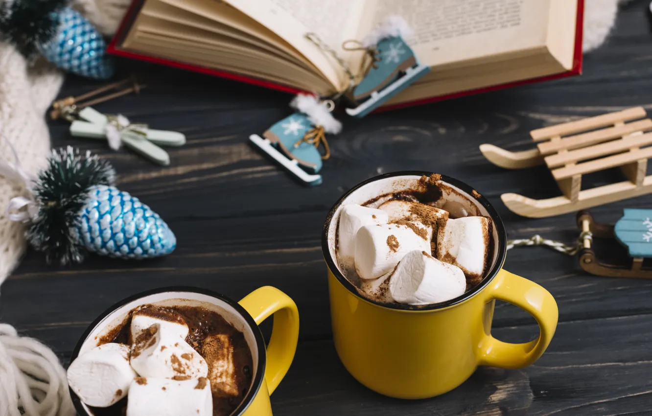 Photo wallpaper book, decor, hot chocolate, marshmallows