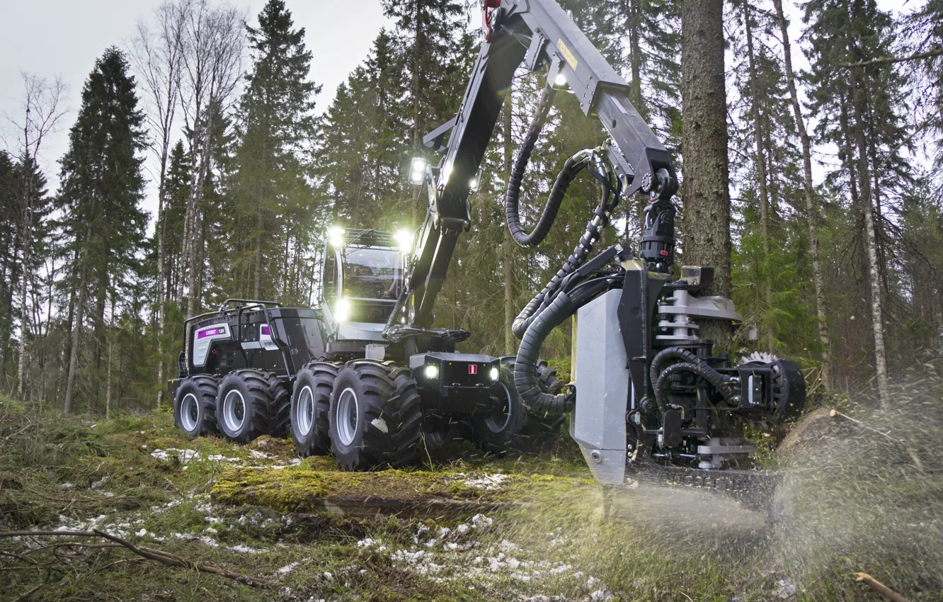 Photo wallpaper forest, trees, sawdust, wheel, chips, forestry equipment, harvester, the arrow of harvestr