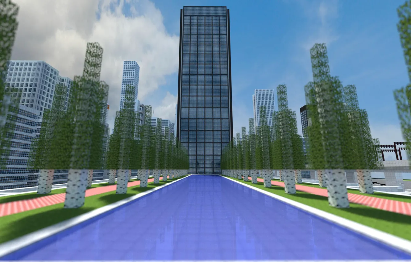 Photo wallpaper the sky, water, clouds, trees, city, the city, Park, tile