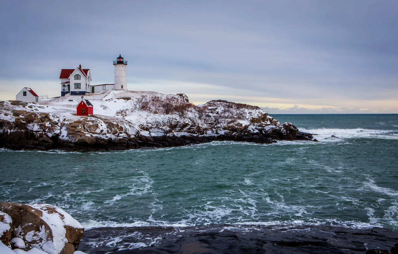 Photo wallpaper winter, sea, the sky, snow, clouds, lighthouse, home, Cape
