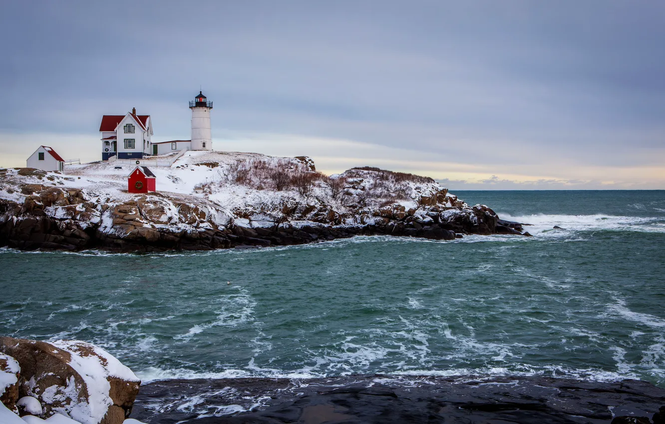 Photo wallpaper winter, sea, the sky, snow, clouds, house, lighthouse, Cape