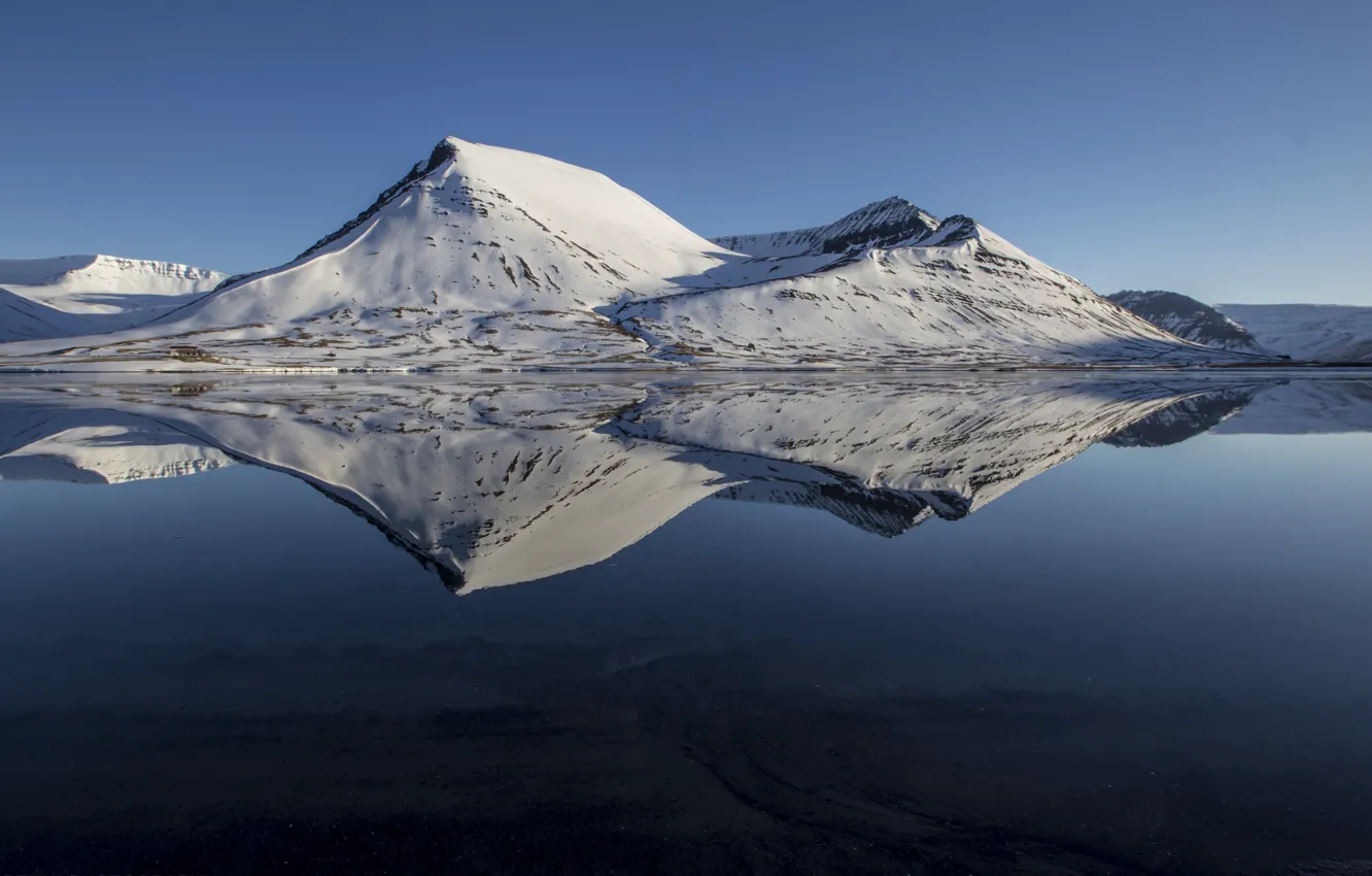 Photo wallpaper snow, mountains, nature, lake, surface, reflection, hills