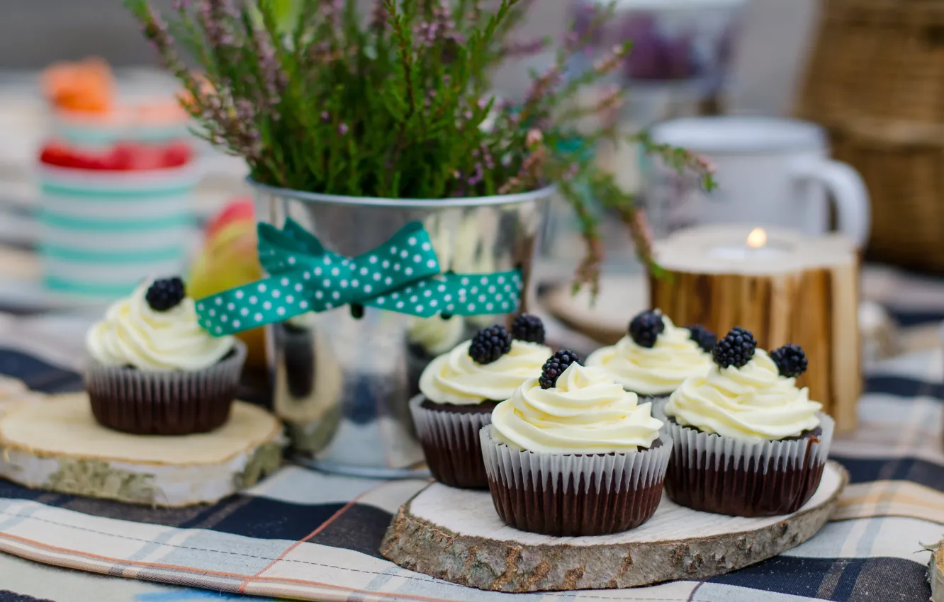 Photo wallpaper berries, cake, cream, sweet, cupcakes
