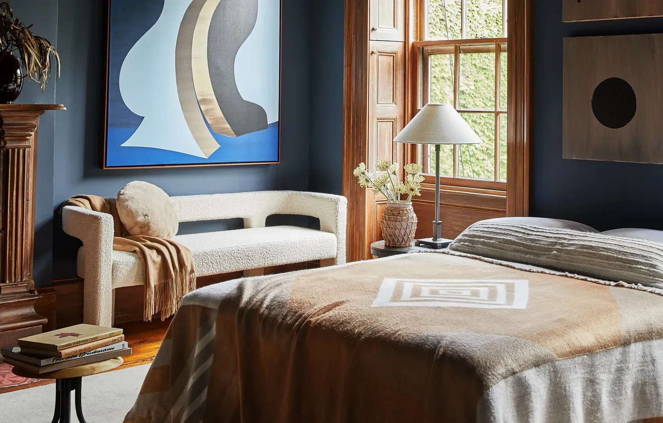 Photo wallpaper design, style, interior, fireplace, NYC, Townhouse, cozy bedroom, Staging