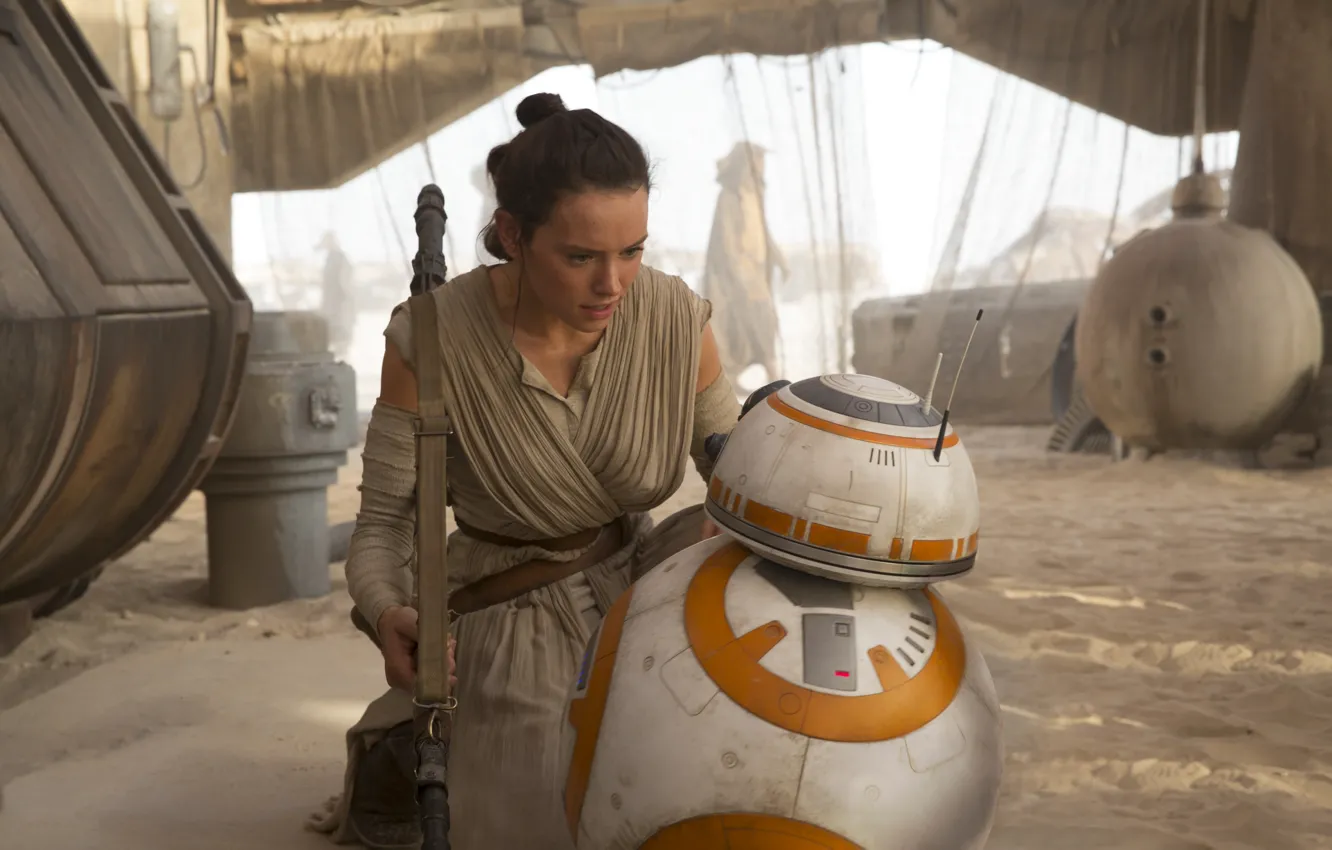 Photo wallpaper desert, robot, Star Wars, Star wars, The Force Awakens, Daisy Ridley, Daisy Ridley, The Force …