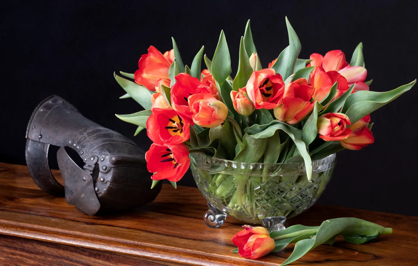Photo wallpaper tulips, gloves, vase