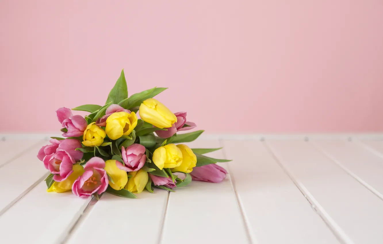 Photo wallpaper flowers, yellow, Board, bouquet, spring, tulips, lies, pink