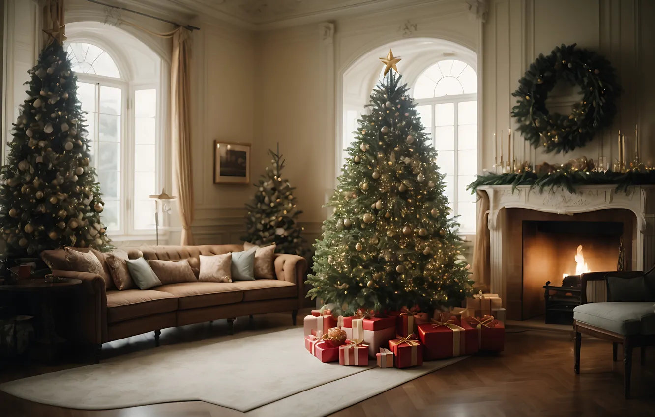 Photo wallpaper decoration, room, gift, balls, tree, new year, interior, Christmas