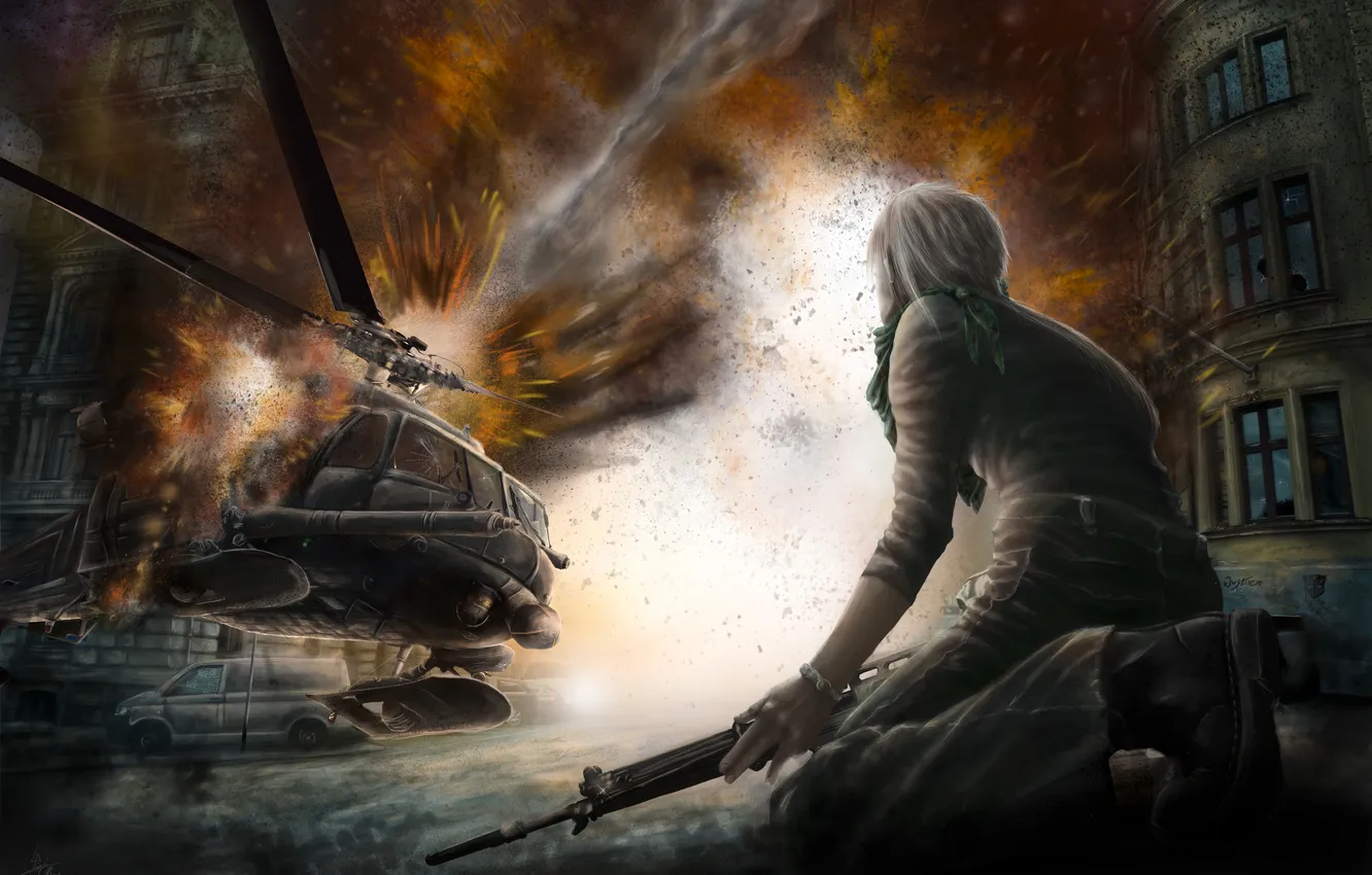 Photo wallpaper machine, girl, the explosion, the city, weapons, art, machine, helicopter