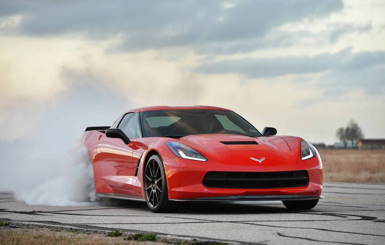Photo wallpaper red, background, smoke, Corvette, Chevrolet, supercar, Chevrolet, the front
