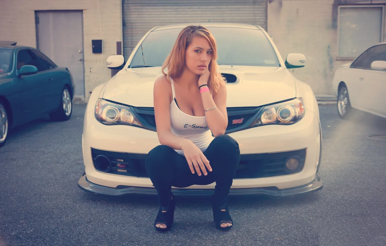 Photo wallpaper look, girl, Subaru, Parking, white car