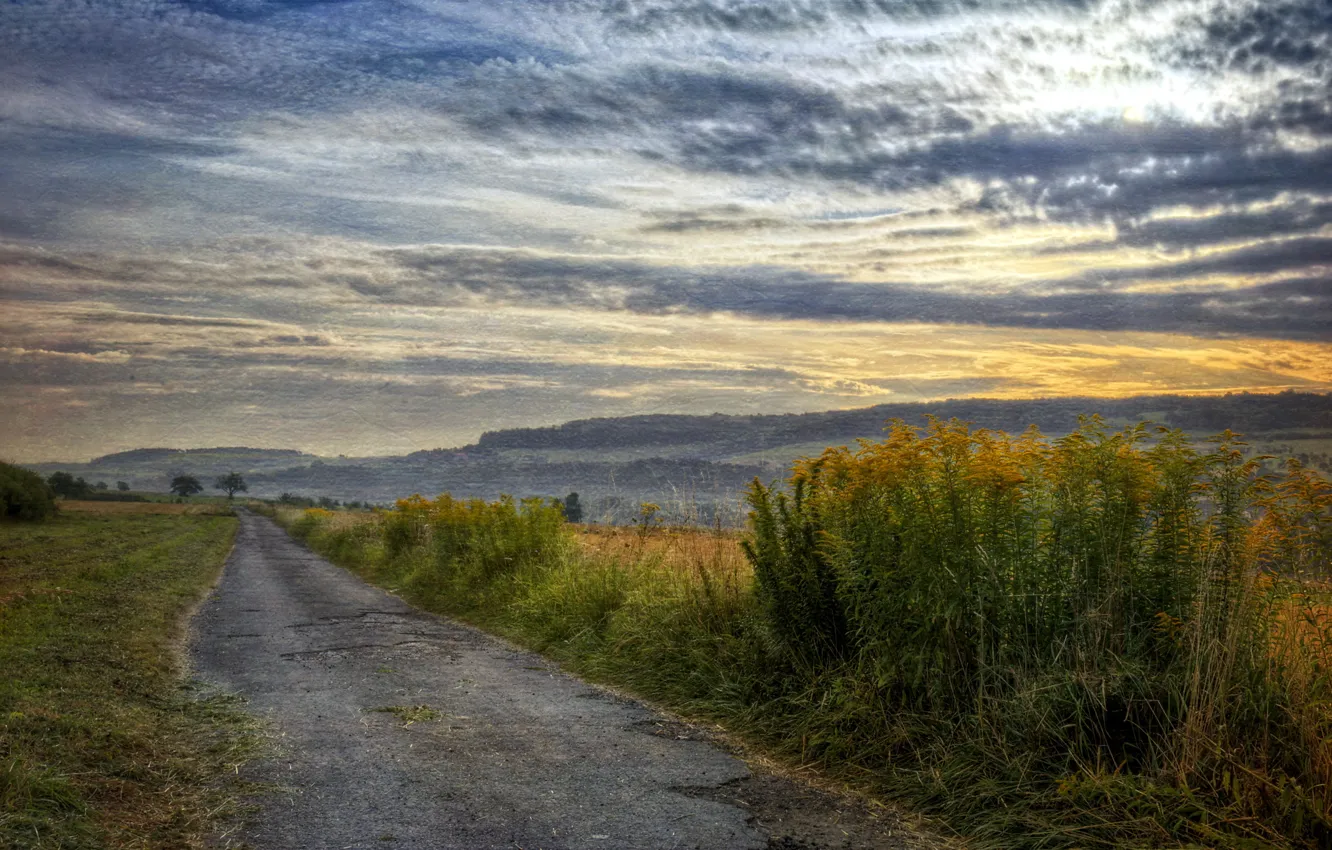 Photo wallpaper road, field, landscape, sunset, style