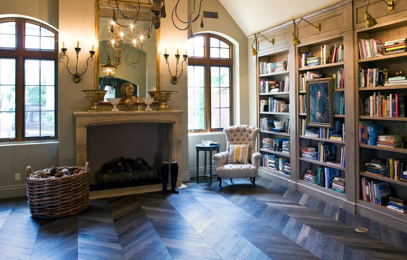 Photo wallpaper design, style, interior, fireplace, library, French Flair Library, by Wildwood Designs Inc.