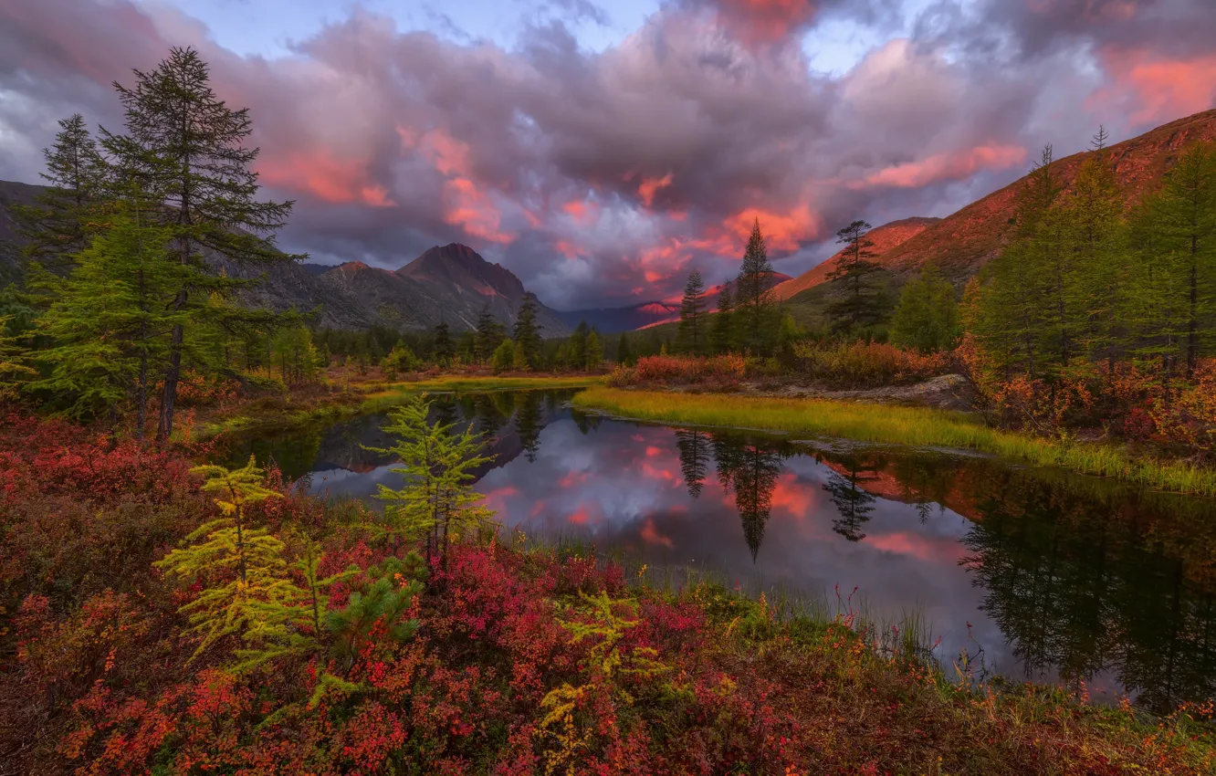 Photo wallpaper autumn, forest, clouds, mountains, lake, shore, beauty, lighting