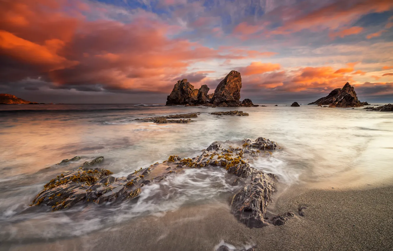 Photo wallpaper sea, beach, the sky, clouds, stones, rocks, Spain