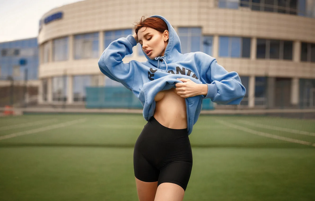 Photo wallpaper girl, pose, shorts, figure, hood, closed eyes, sweatshirt, Ivan Kovalev