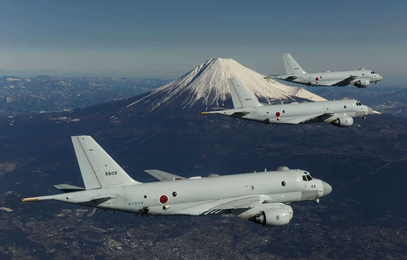 Photo wallpaper Fuji, Link, Kawasaki P-1, Patrol aircraft