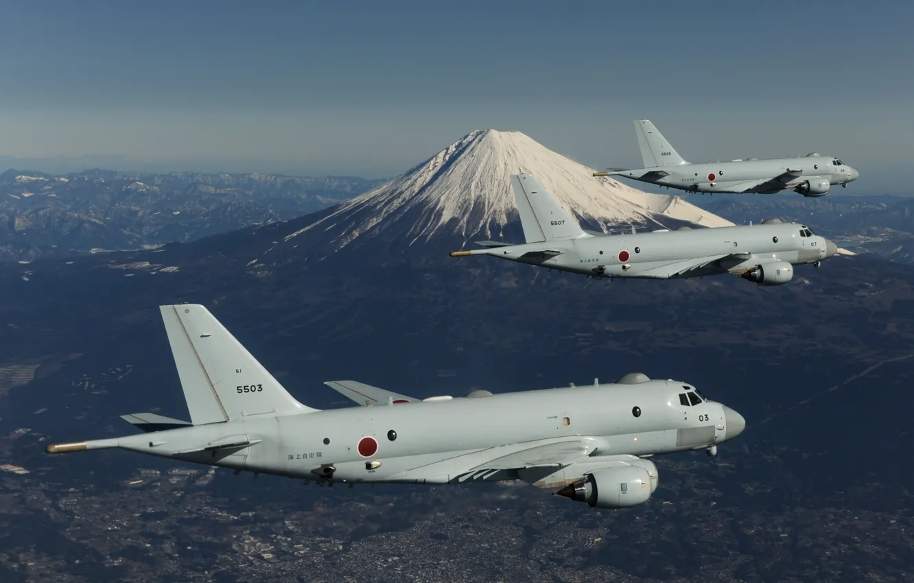 Photo wallpaper link, Fuji, Kawasaki P-1, Patrol aircraft