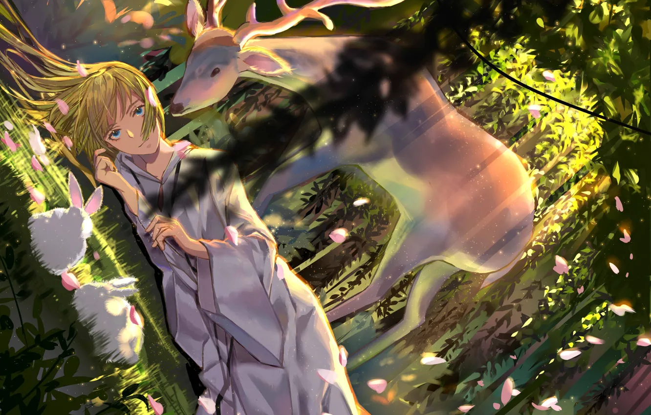Photo wallpaper forest, girl, deer, rabbits, Lancer, Fate / Grand Order