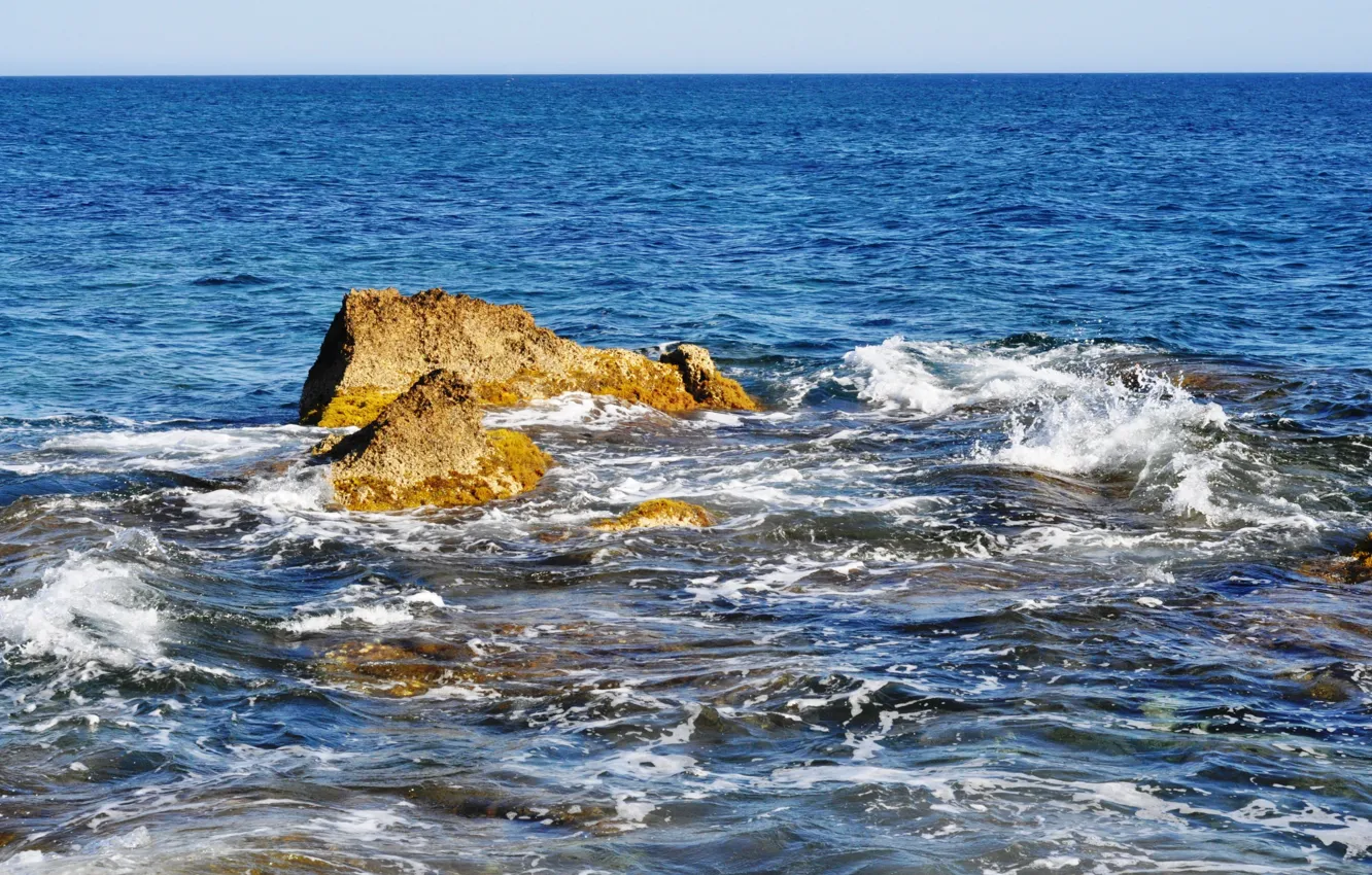 Photo wallpaper sea, wave, algae, stones