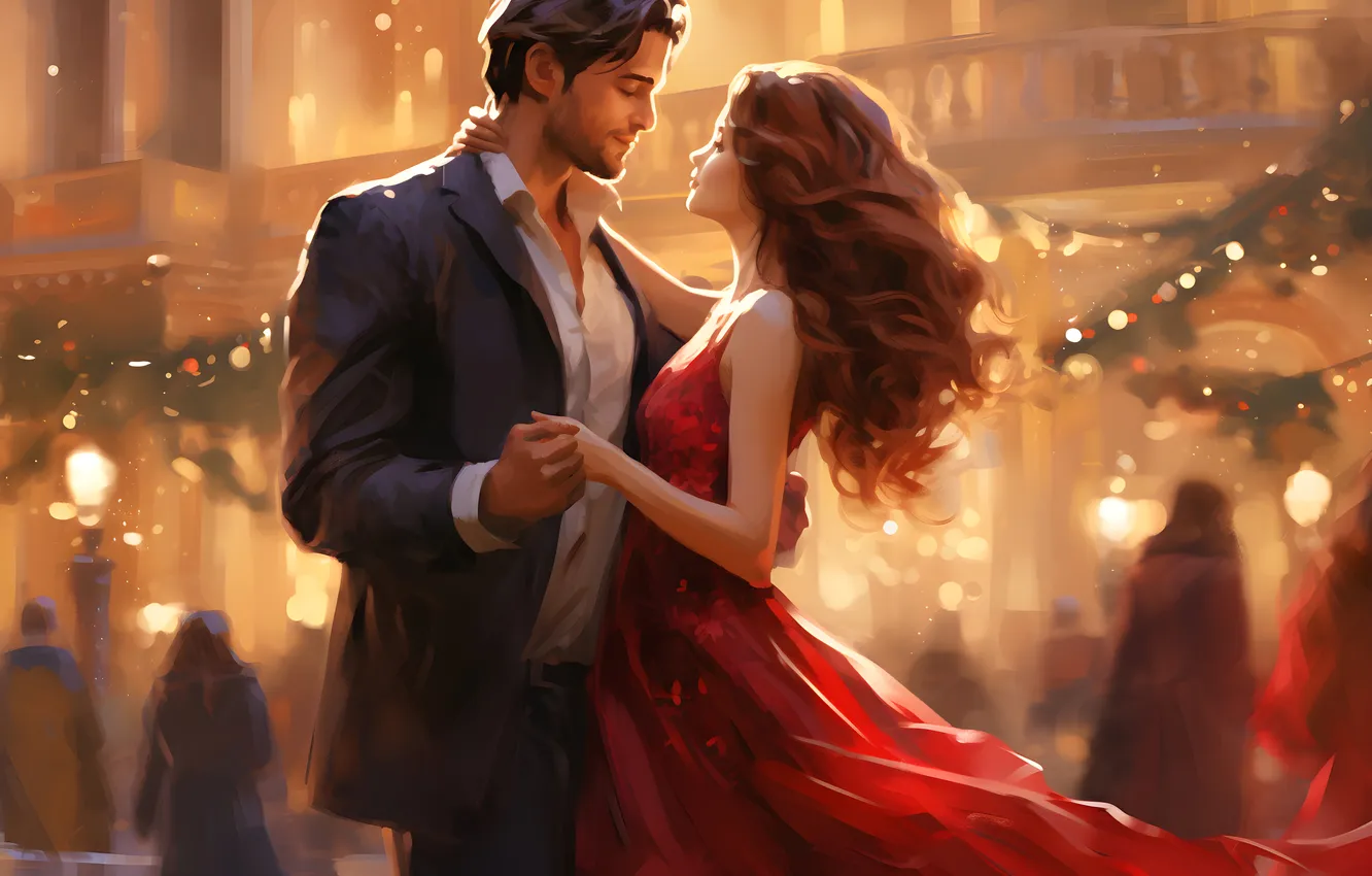 Photo wallpaper girl, people, building, new year, dress, Christmas, guy, two