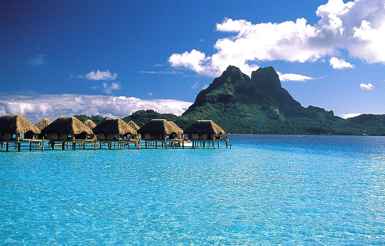 Photo wallpaper ocean, Tahiti, resort, bungalow, Lagoon, look from sea