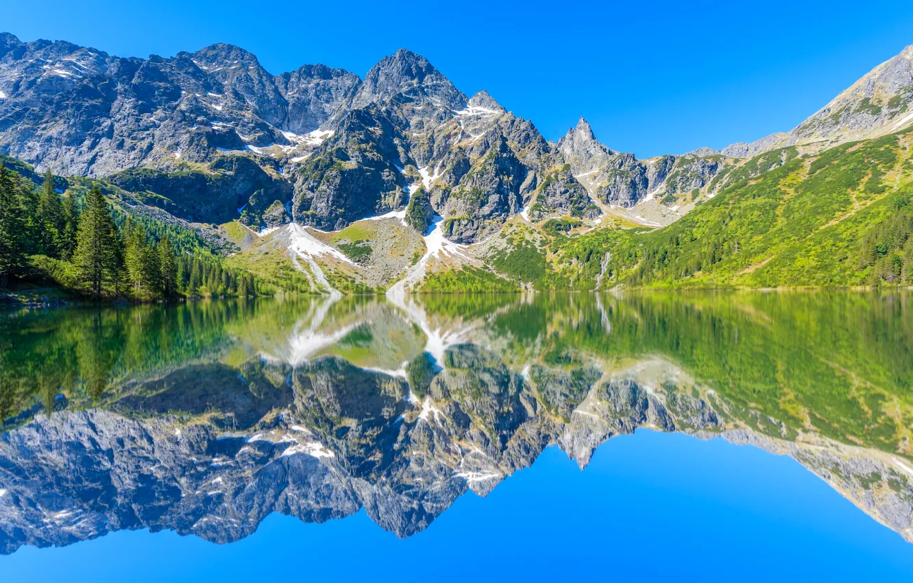 Photo wallpaper water, the sun, trees, mountains, lake, reflection, stones, rocks
