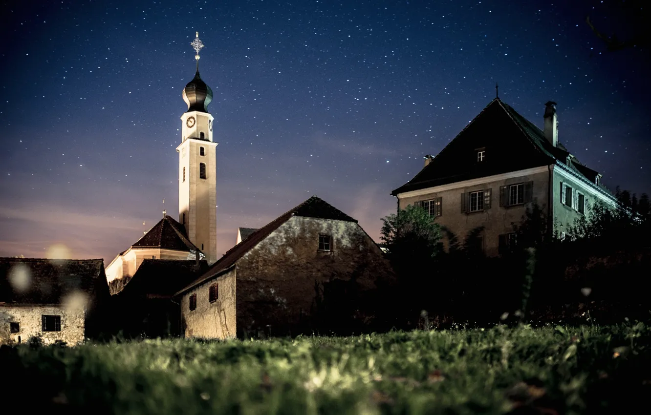 Photo wallpaper the sky, grass, stars, landscape, night, nature, tower, home
