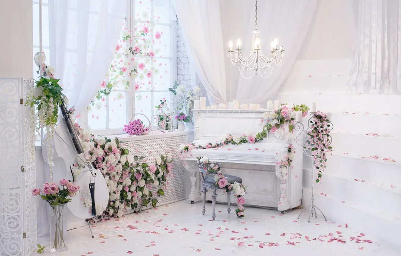 Photo wallpaper guitar, flower, plan, room, roses, decoration, setting