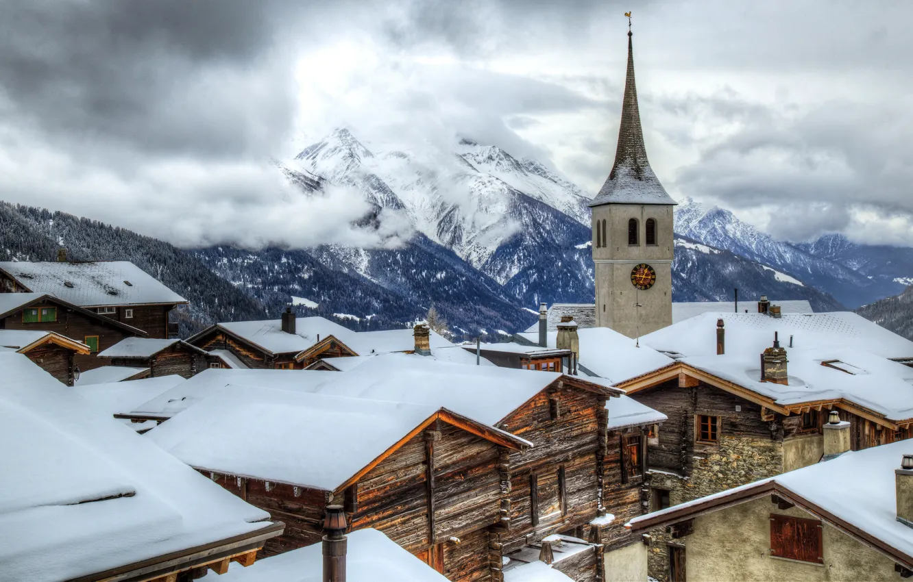 Photo wallpaper sky, Switzerland, landscape, nature, winter, mountains, clouds, snow