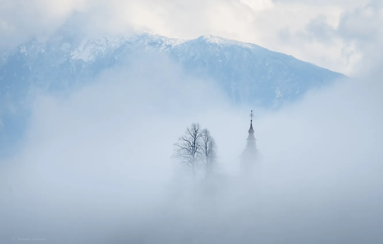 Photo wallpaper autumn, fog, Slovenia, St. Thomas Church, Floating contours