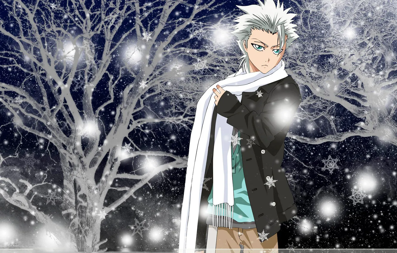 Photo wallpaper winter, snow, night, anime, scarf, guy, Bleach, Bleach